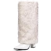 QLR 3.3-inch Chunky Knee High Fur Heel Boots Furry Fuzzy Fluffy Pointed Toe Boots for Women, Tall Long Wide Calf Boot with Side Zipper Fall Winter Snow Fold Over
