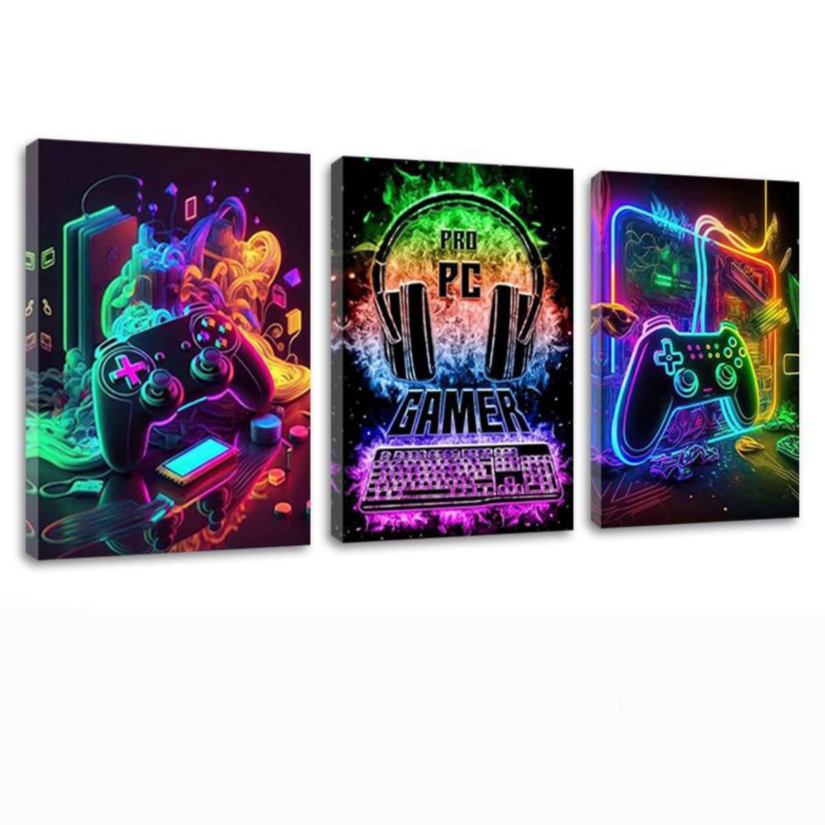 AOSEE 3 Pcs 16" x12'' Framed Gaming Room Decor Canvas Wall Art Video Game Art Prints Framed, Gaming Theme Watercolor Posters Prints for Boys Kids Teen Game Room Bedroom Playroom Wall Decor (Neon)