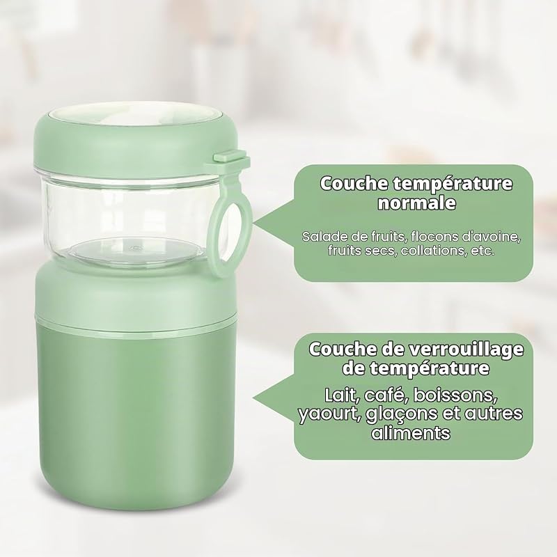 Bol Muesli a Emporter, Pot Yaourt Avec 2 Compartiment,Sûr et Pratique(Vert)