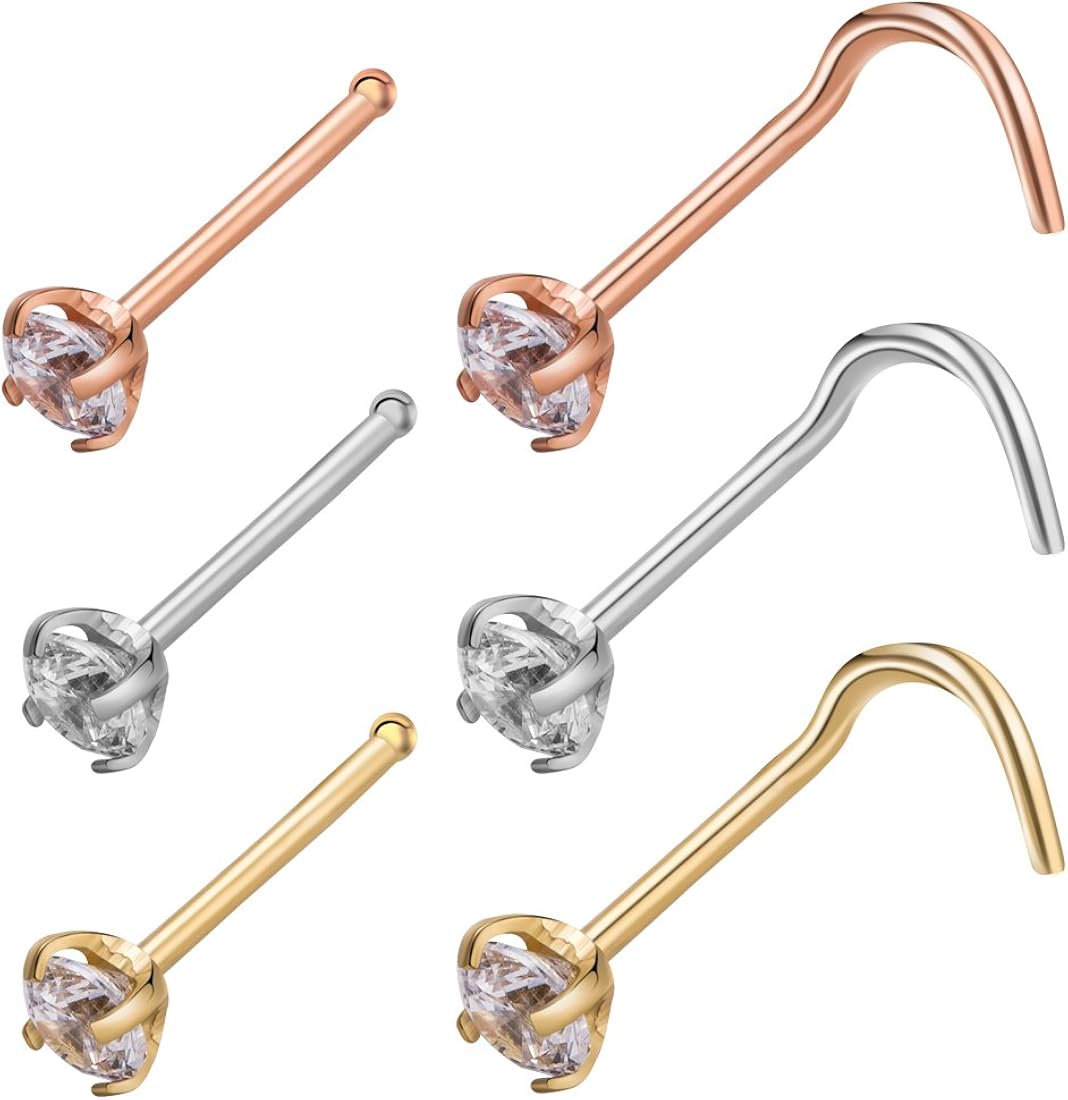 Gold Nose Rings Stud Jewelry Cubic Zirconia Diamond L Shape Stainless Steel 20G Nose Piercing