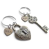 Custom Bronze Key & Lock Keychains with Stamped Tags for Couples Initials, Anniversary Gift Keychain
