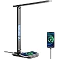 Dott Arts LED Desk Lamp with Wireless Charger, Touch Control Study Lamp with USB Charging Port, Table Lamp with Clock, Alarm, Date, Temperature, Office Lamp, Desk Lamps for Home Office,Black