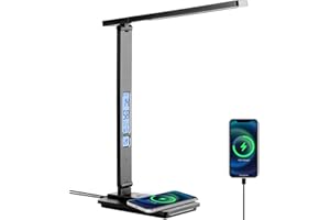 Dott Arts LED Desk Lamp with Wireless Charger, Touch Control Study Lamp with USB Charging Port, Table Lamp with Clock, Alarm, Date, Temperature, Office Lamp, Desk Lamps for Home Office,Black