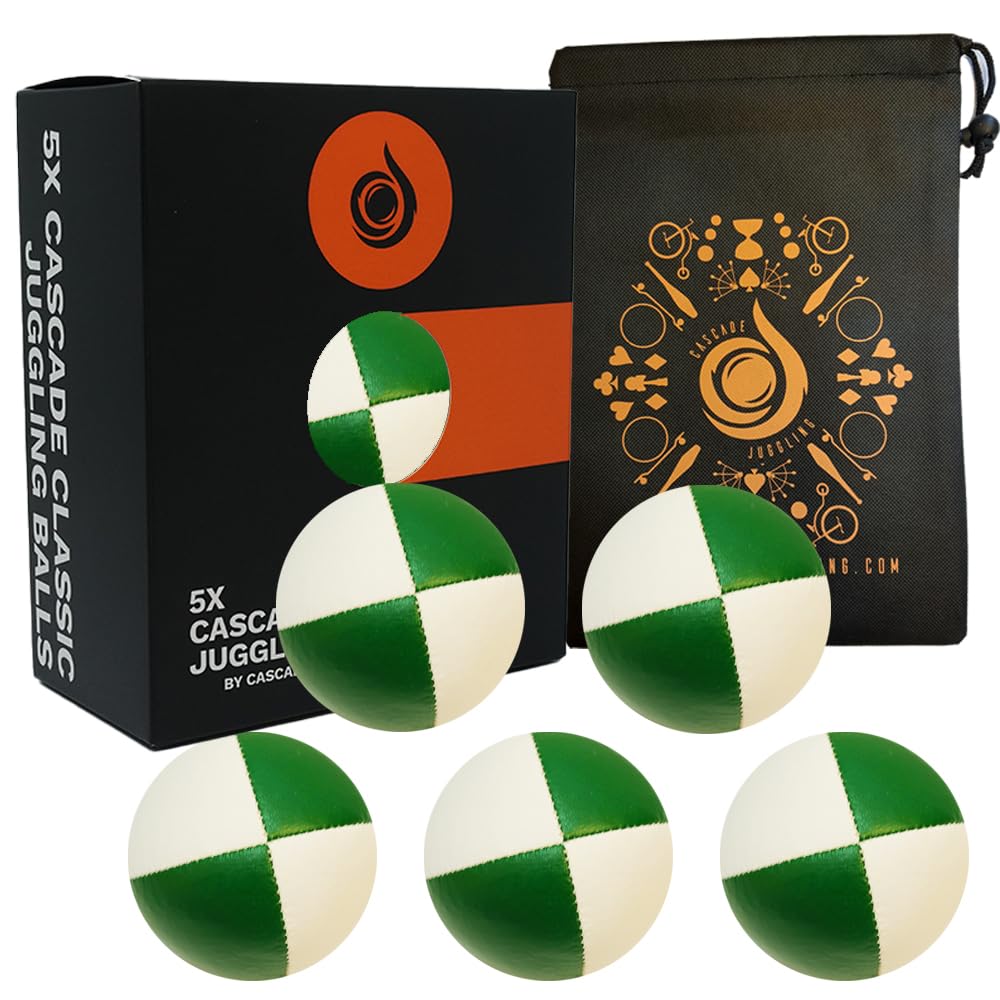 Cascade Juggling 5 x Pro 115g Thud Juggling Balls Set - Green and White with Carry Bag - Ideal for Beginners and All Ages