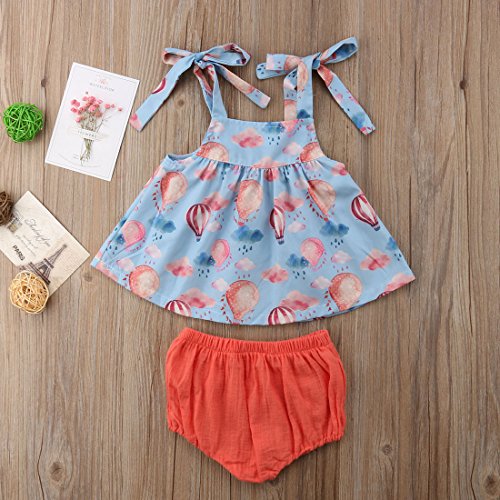 Baby Newborn Girls Summer Clothes Hot Air Balloon Print Suspender Vest +Watermelon Red Bloomers 2 pcs Casual Suit (Pink Blue, 6-12M)