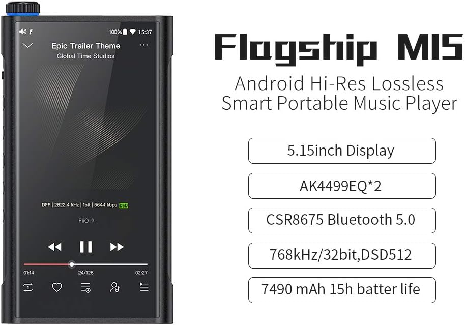 FiiO M15 5.15inch 64G Android Hi-Res MP3/MP4 Music Player Dual AK4499EQ with HiFi Bluetooth CRS8675 5.0/aptX HD/LDAC/USB DAC/DSD512/MQA,WiFi/Spotify/Tidal/Amazon Music Support