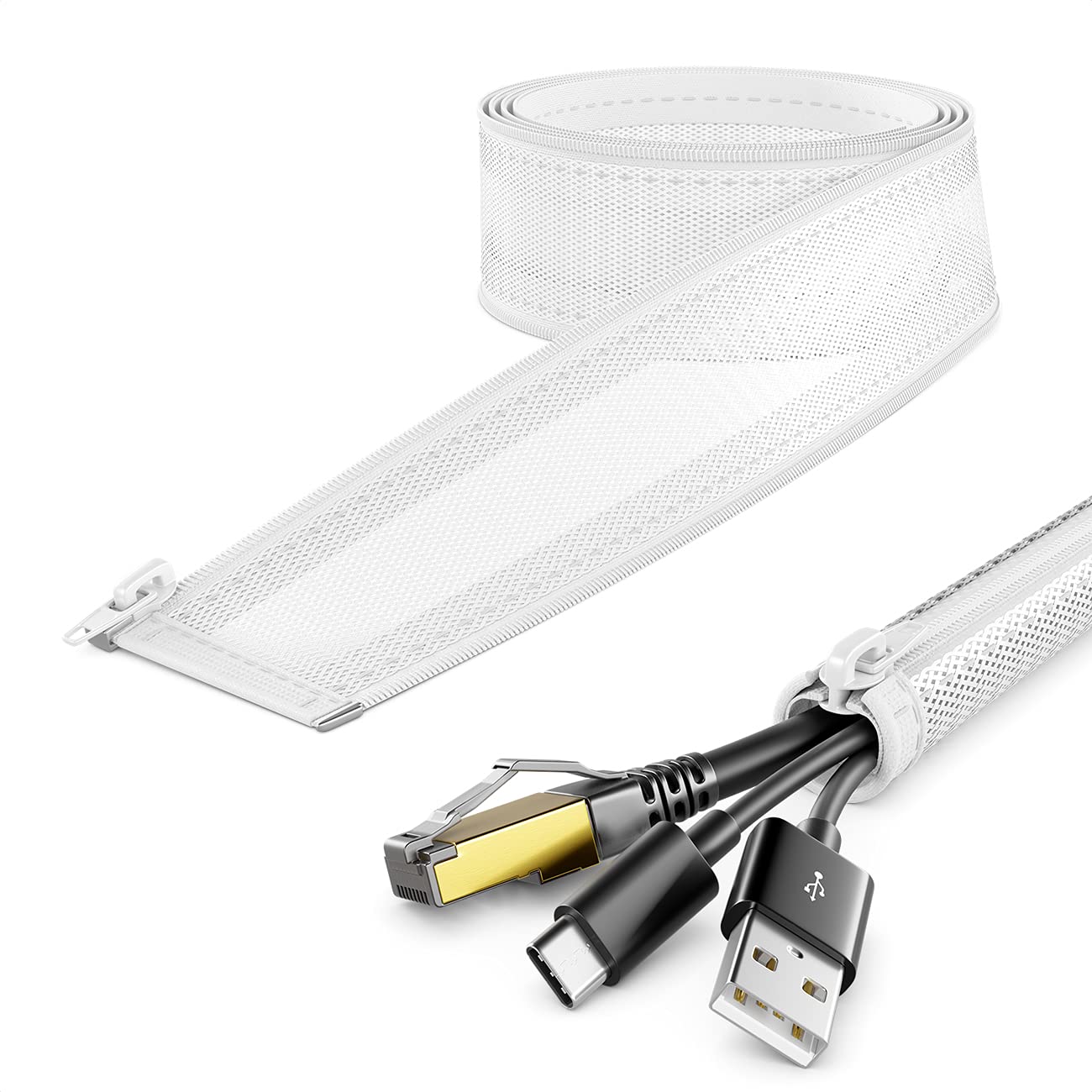deleyCON 9.84ft. Cable Conduit with zip Closure 0.59'' Inch Diameter Cable Management Cable Channel Cable Protection Robust Nylon Cable Sheath Home Office Desk White, (MK4748)