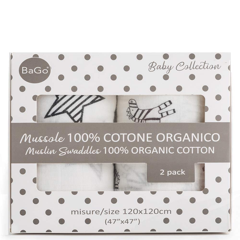 Bago® Baby Muslin - 100% Organic Cotton Gots Certified - 120 x 120 - Muslin Baby Cot Bed Sheet Cover - 2 Designs - Protective Carry Bag - Baby Gift for Girls and Boys