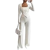 SweatyRocks Women's 2 Piece Outfits Square Neck Button Front Long Sleeve Top and Straight Leg Pants Sets