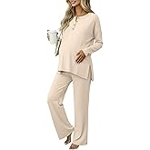 Yearntown Women's Maternity Pajamas Sets, Long Sleeve Pregnancy Postpartum Delivery Lounge Nursing Pjs with Pockets Pjs