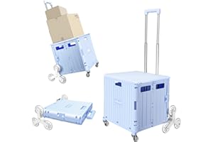 Honshine Foldable Cart with Stair Climbing Wheels, Collapsible Rolling Crate with Telescoping Handle, Handcart for Grocery Book File Tool Art Supplies(Blue)
