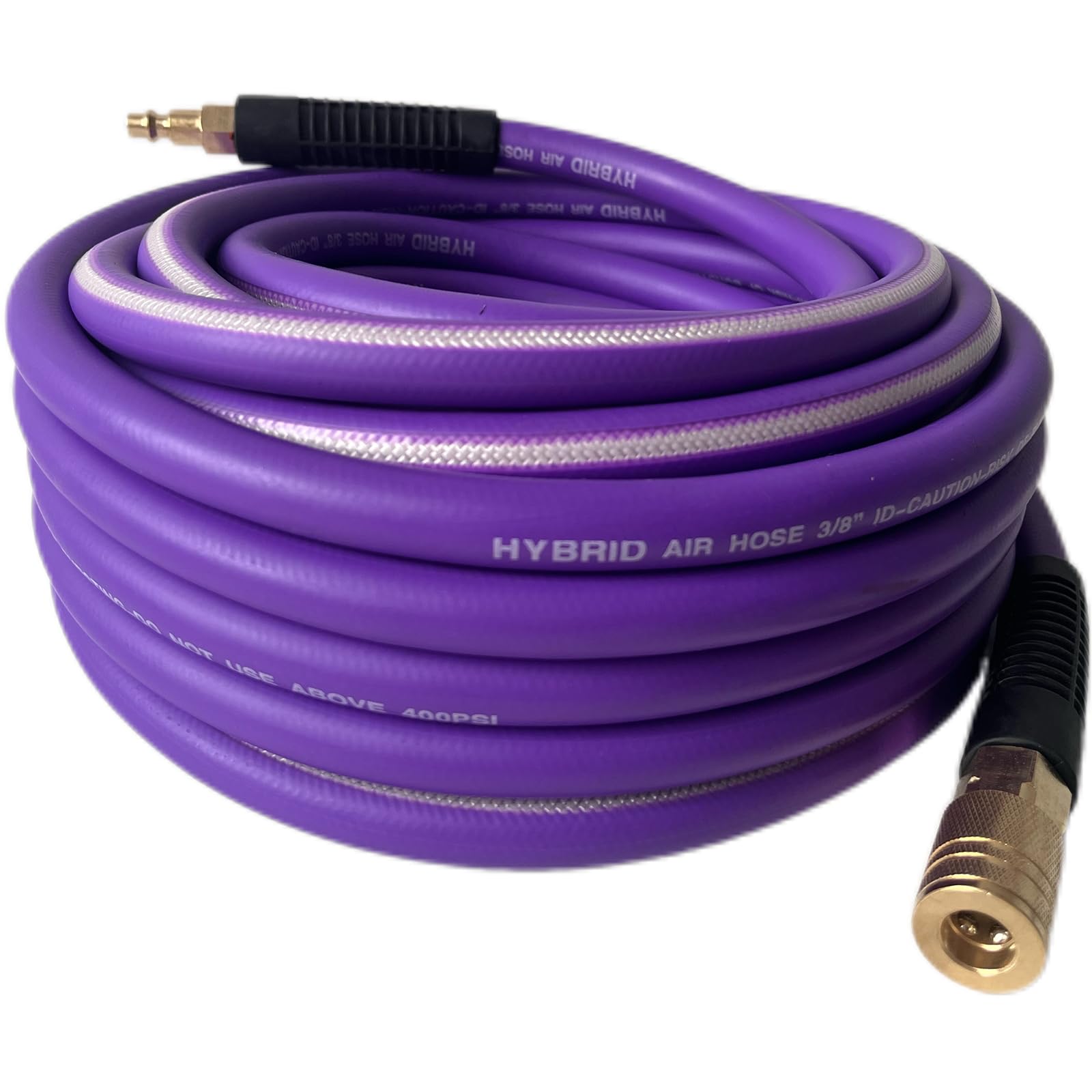 Photo 1 of Air Hose 3/8 in x 100 ft, Heavy Duty, Lightweight, Kink Resistant, Hybrid Air Compressor Hose with 1/4 in Solid Brass Male Fittings, Bend Restrictors, 400 PSI(100FT, Purple White)