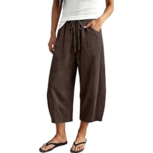 LAMIEN Linen Barrel Capri Pants Women Summer Cotton Drawstring Balloon Pants Casual Beach Baggy Wide Leg Boho Trousers