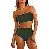 Pink Queen Women 2 Piece Bandeau Swimsuits Strapless Textured Bikini Set High Waisted Bathing Suits