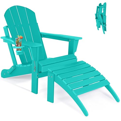 ABCPATIO Adirondack Chair with Footrest, Folding Outdoor Chair with Ottoman and Cup Holder, Weather Resistant Fire Pit Chairs for Outside, Patio, Lawn, Garden, Backyard Deck, Porch, Pool, Turquoise