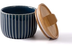 Lunavita Salt Cellar Keeper with Bamboo Lid, 14oz Big Capacity Ceramic Sugar Bowls Pepper Box, Crackle Glaze Seasoning Container Condiment Pot for Kitchen (Blue Color)