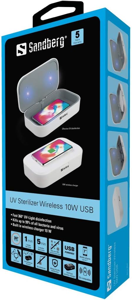 Sandberg (470-31 USB UV Sterilizer with Built-in 10W Qi Compatible Wireless Charger, 360° UV Disinfection - Image 3