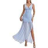 Curvphilo Deep V Neck Sleeveless Dress Mesh Ruffle Bodycon Maxi Dress for Women Double Lined Cocktail Party Dress