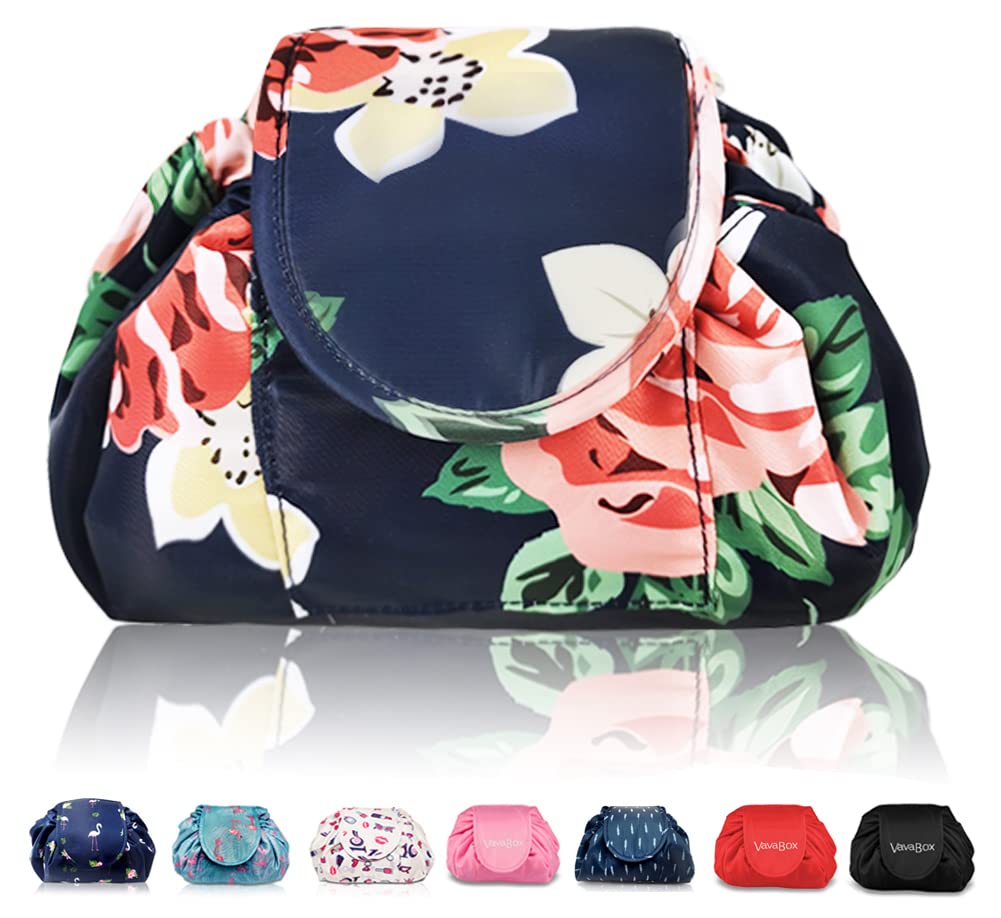 Lazy Drawstring Makeup Bags, Large Capacity Waterproof Travel Portable Cosmetic Bag Pouch Makeup Pouch Storage Organiser for Women Girl (Floral) — image 1