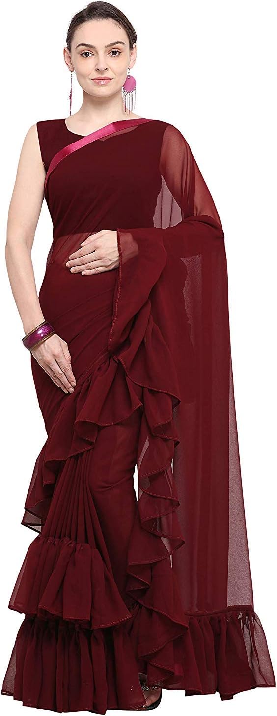 Women's Georgette Dyed Ruffle Saree