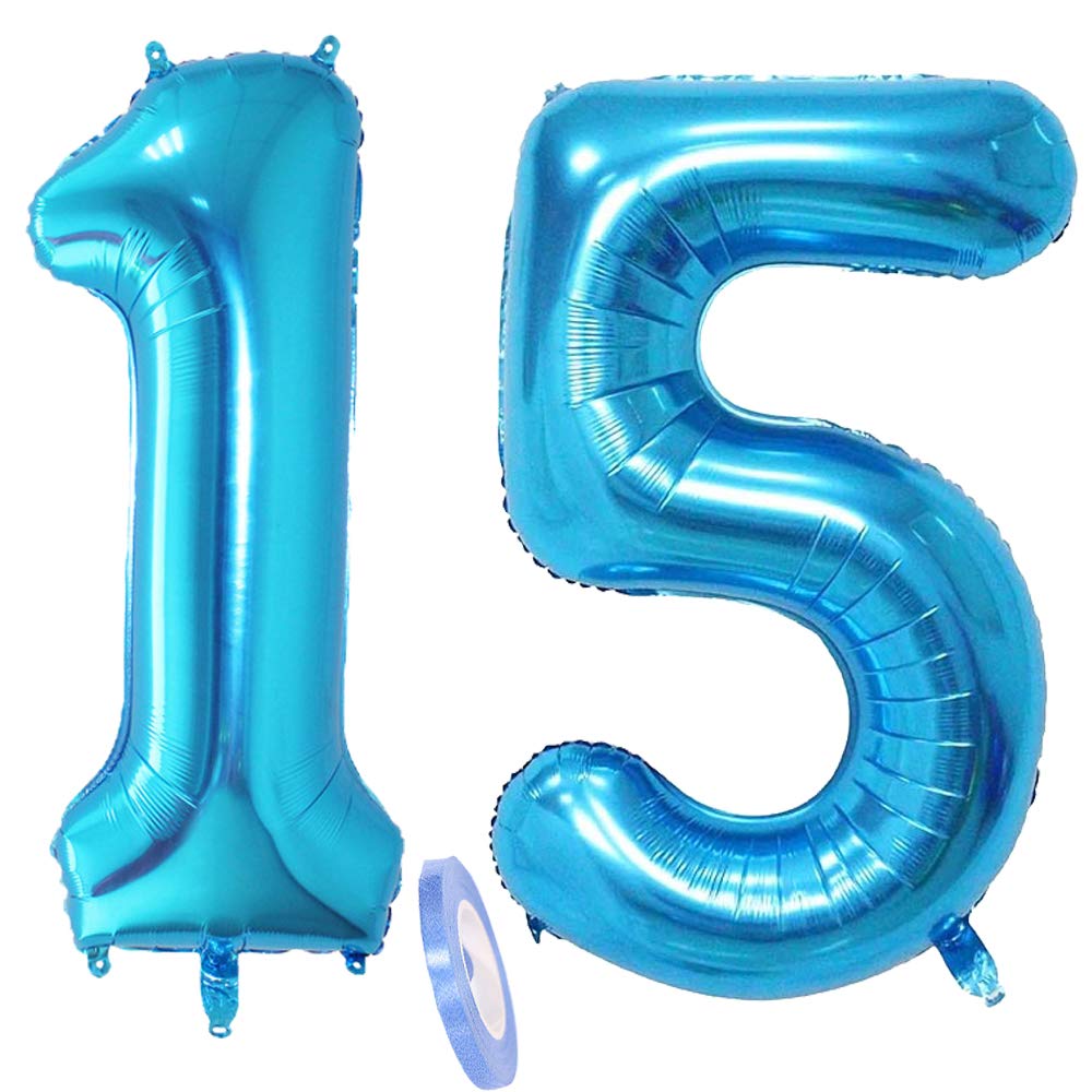 2 Balloons Number 15, Number Balloon Blue Girls Boys 40 Inch Giant Inflatable Helium Foil Balloon Blue Balloons Figures for Birthday 15th Years Children Boys Party Decoration (XXXL 100 cm)