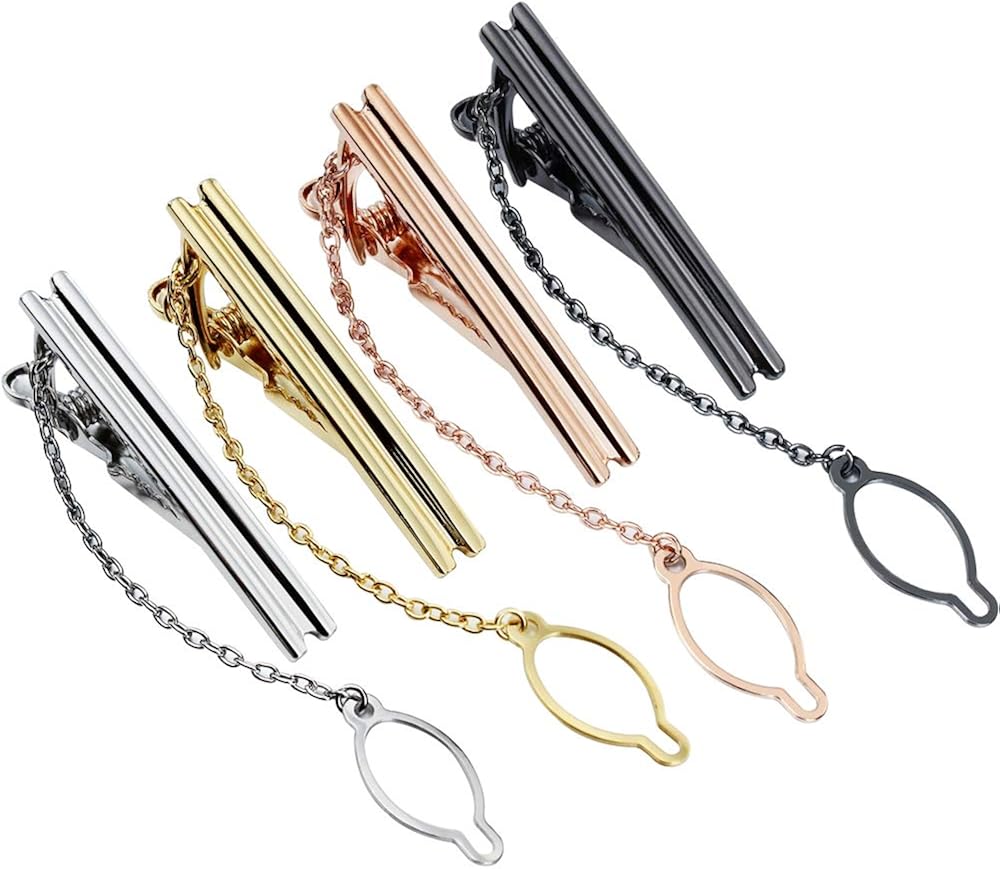 4Color Tie Clips Set with Chain for Men 1.5 Inch Slim Necktie Packed
