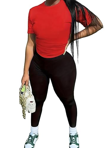 TOPONSKY Two Piece Workout Outfits Biker Top Short Sets Curvy Red