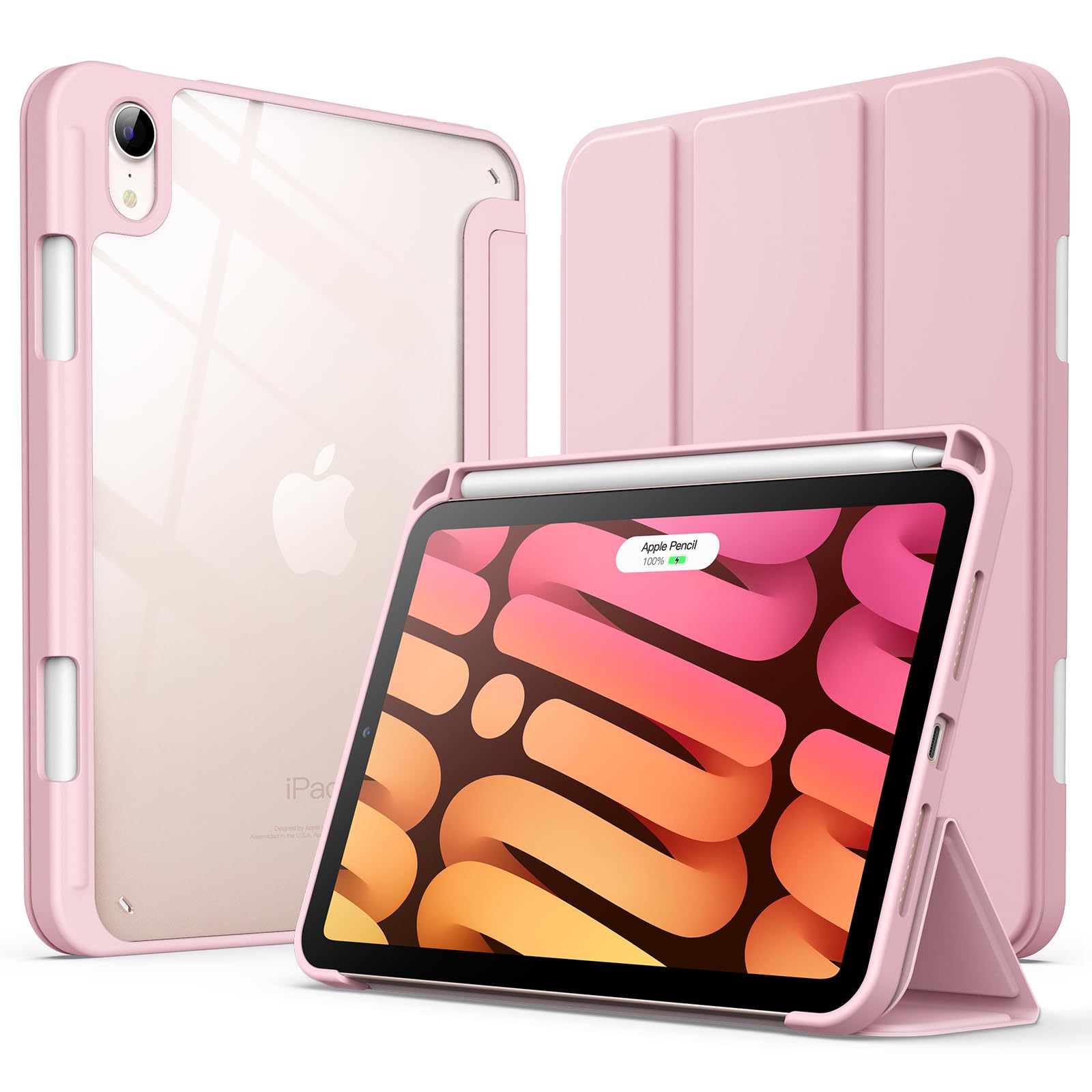JETech Case for iPad mini (A17 Pro, 2024 Model, 7th Generation) / mini 6 (2021 Model, 6th Generation) with Pencil Holder, Clear Back Shell Slim Stand Tablet Cover, Auto Wake/Sleep (Pink)