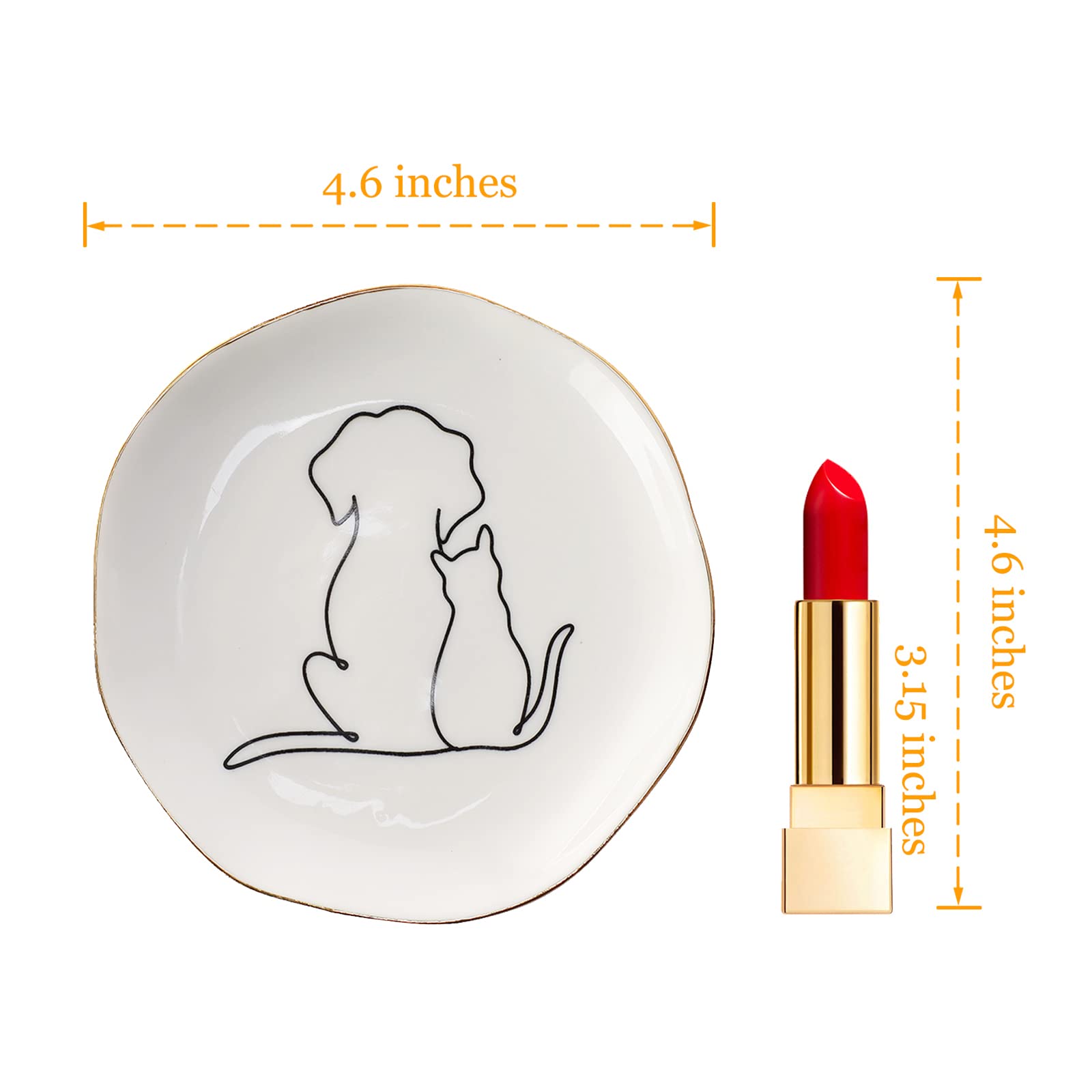 HOME SMILE Ceramic Cat and Dog Ring Dish, 4x4x0.6 inches, White, Irregular Round Shape, Polished Finish, Christmas Gift
