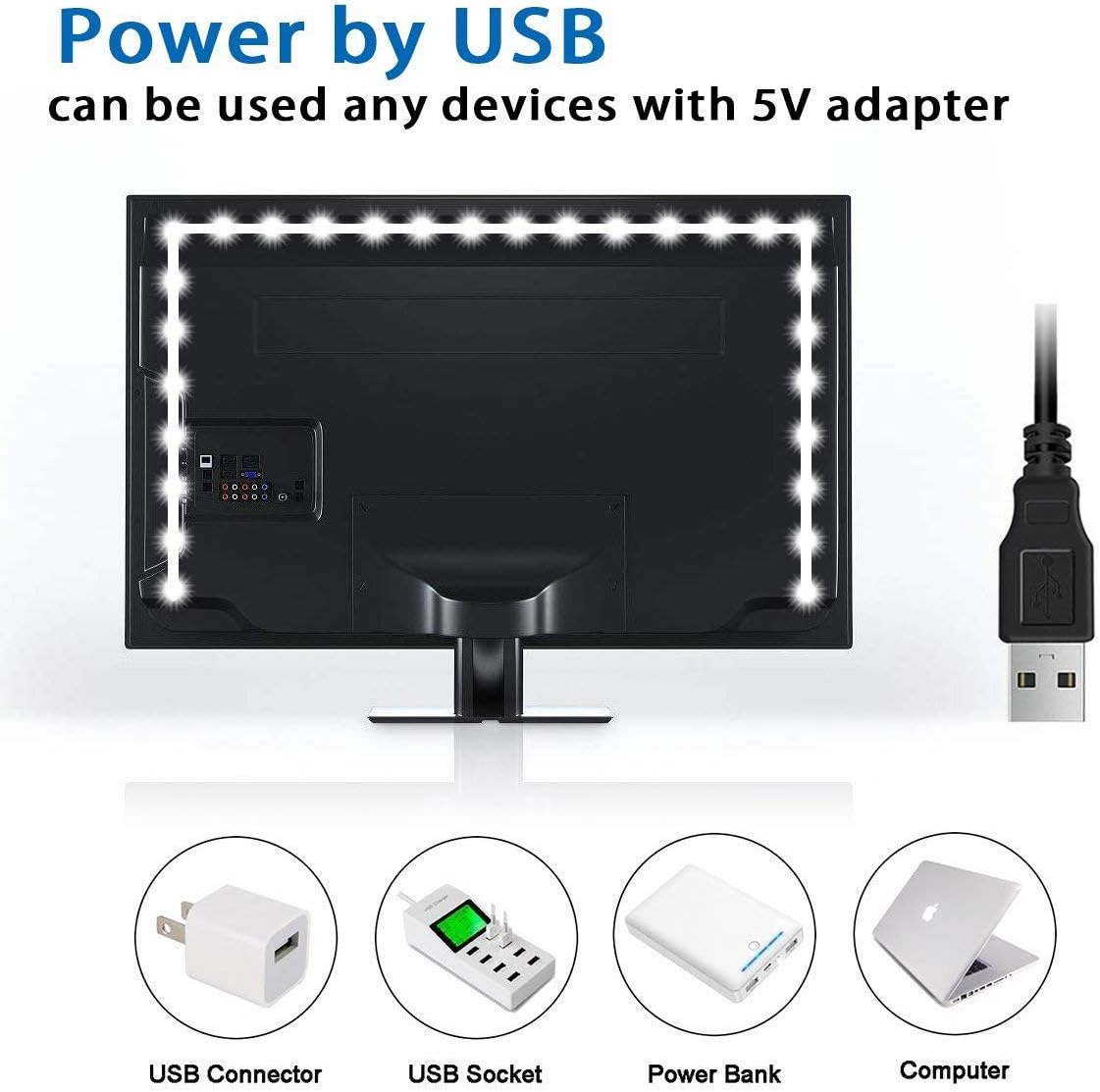 LED Strip Lights, USB TV Backlight 6.56ft/2m LED Lights for 40~60in HDTV, Non-Waterproof SMD 3528 5V Warm White Bias Lighting - Image 5