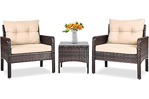 Tangkula 3 Piece Outdoor Patio Furniture Set for 2, Wicker Chairs with Glass Top Coffee Table, Thick Cushions, All Weather Garden Lawn Poolside Backyard Porch (Brown)