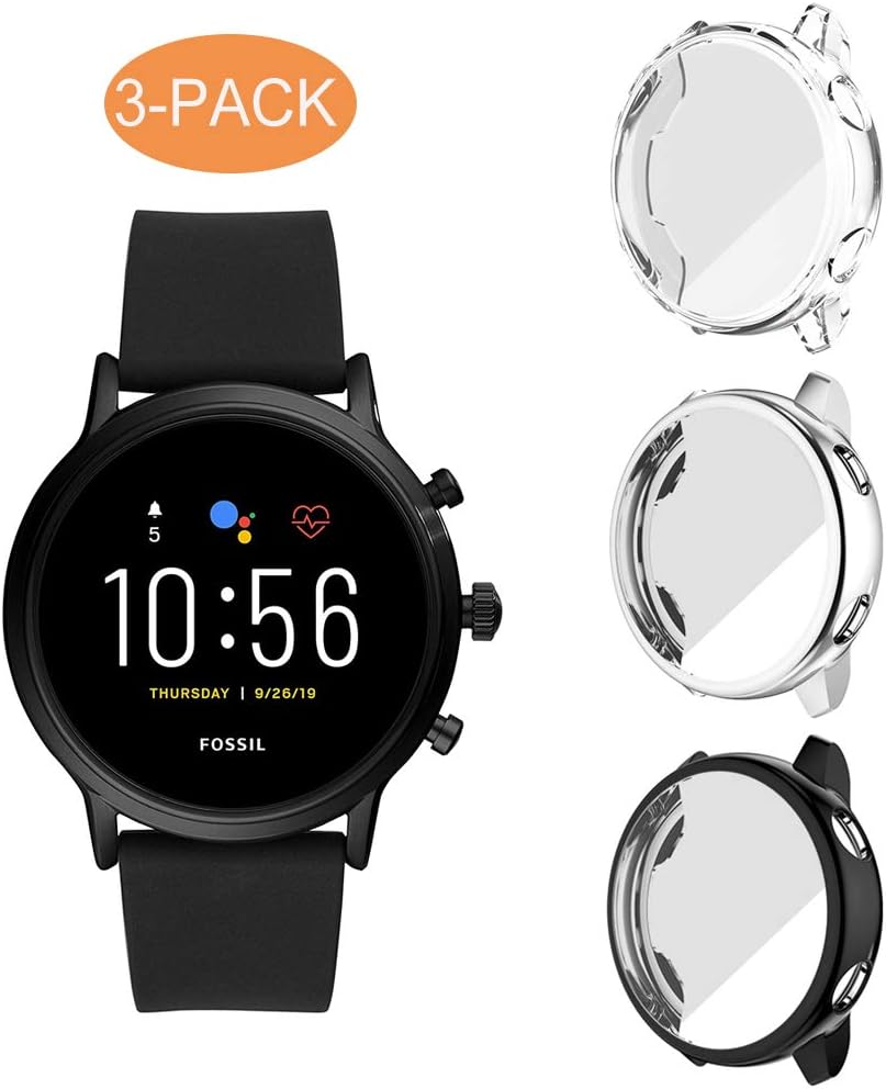 Diruite 3-Pack for Fossil Man Gen 5 Carlyle Screen Protector Case, Soft Plated TPU All-Around Protective Bumper Cover Case for Fossil Man Gen 5(Not Fit for Julianna) - Clear+Black + Silver