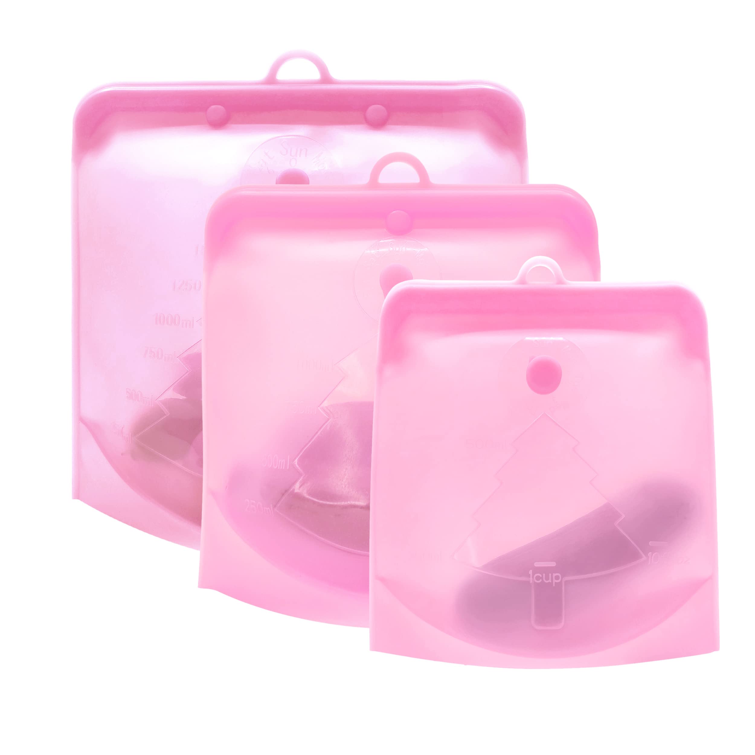 Zelten Silicone Reusable Storage Bag, (3 Units Set, Rose) Lunch, Travel, Makeup, Gym Bag, Freezer, Oven, Microwave, Dishwasher Safe, Leakproof, Plastic Free