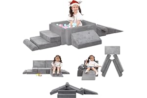 MOOZHEALTH Kids Play Couch- Modular Playset Foam Climbing Blocks for Toddlers Children with Square Ball Pit,Convertible Foam Couch Sofa Indoor Furniture for Playroom, Bedroom(Gray)