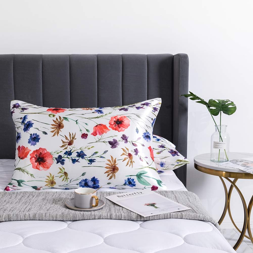 DuShow Satin Pillow Cases 2 Pack - Floral Silky Pillowcase for Hair and Skin Standard Size with Zipper Closure,White,50x75 cm - Image 4