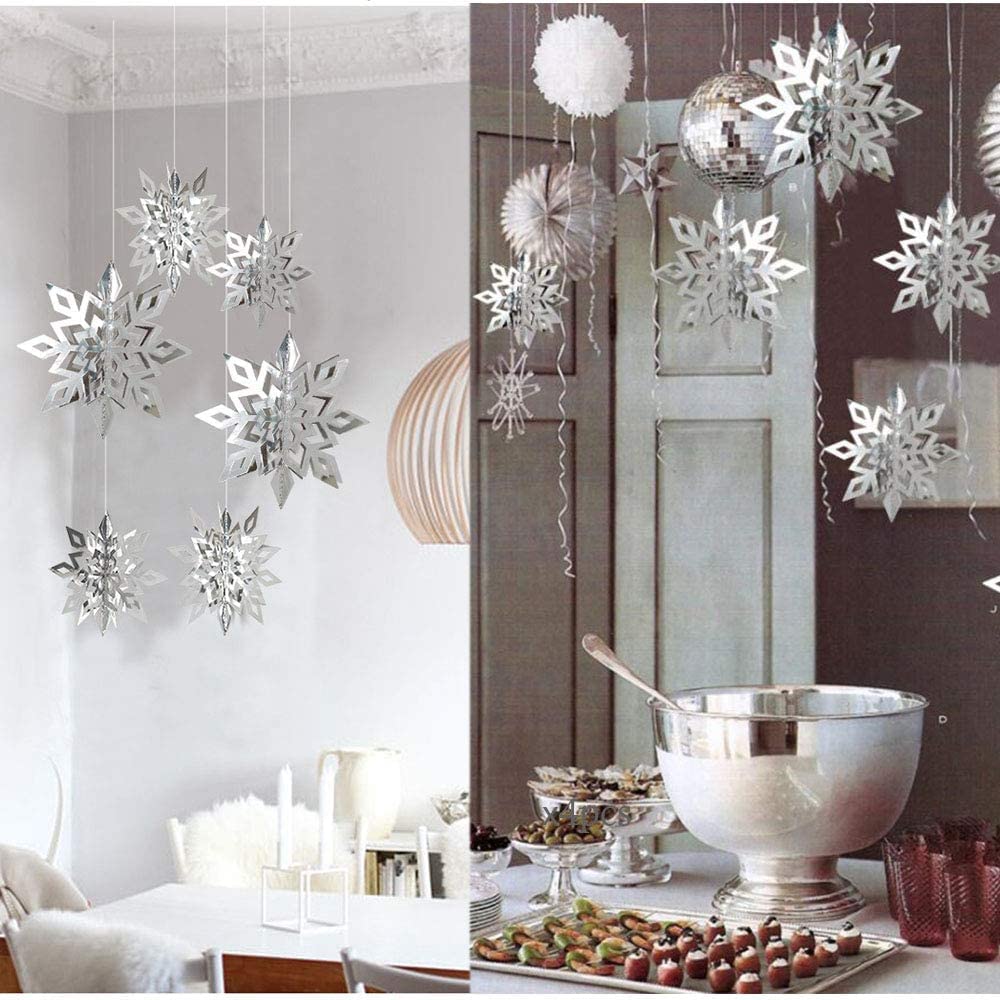 Deggodech Christmas Snowflake Hanging Decorations 12pcs Silver Paper Snowflakes Garlands for Xmas New Year Winter Holiday Birthday Christmas Party Decor Supplies (Silver)