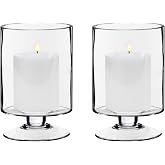 CYS EXCEL Glass Hurricane Pillar Candle Holders (H:8" W:4.75", 2 PCS) | Multiple Size Choices Short Stem Candle Jars | Stemmed Glass Cylinder Candle Vase