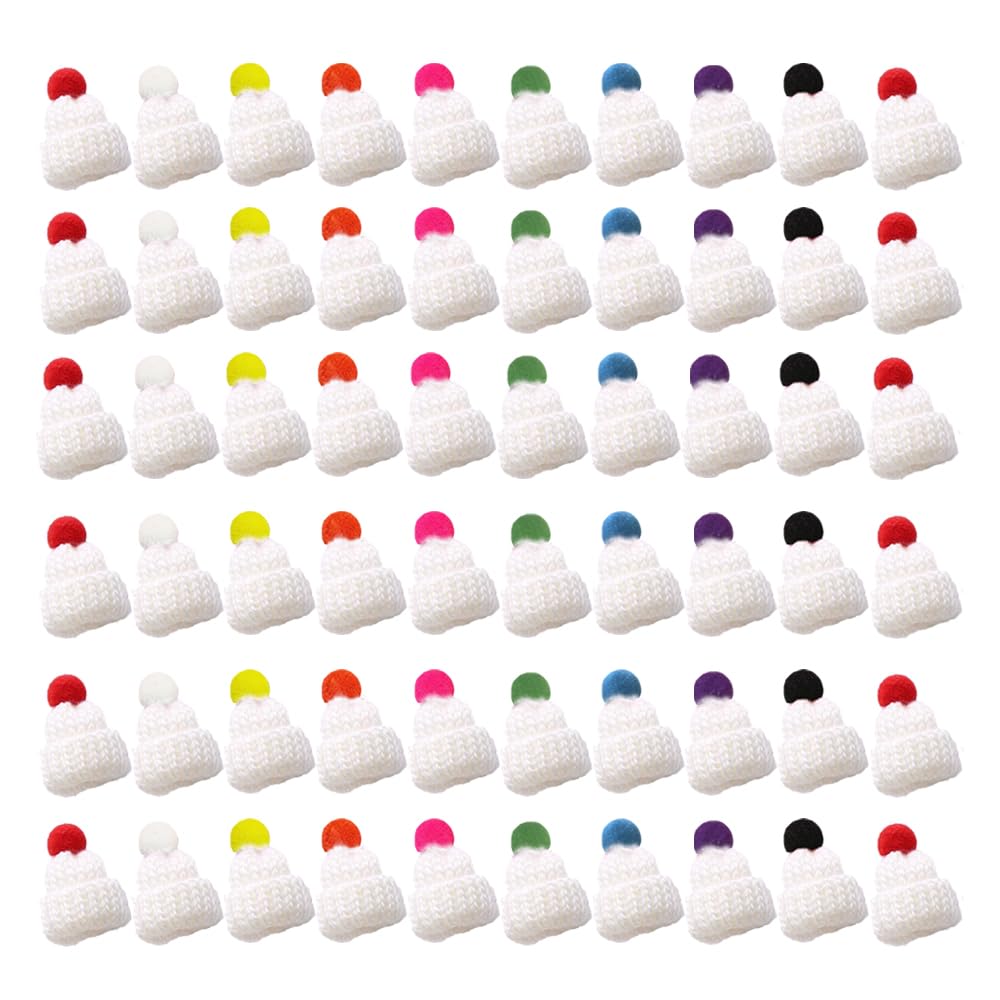 ONEBO 60 Pcs Mini Knitting Hats,Wooden Peg Dolls Hats with Pom Pom Balls,Christmas Mini Knitting Hat,Wool Yarn Hair Accessories,Cute Doll Hat,for Craft Art Projects and Decoration(white)