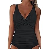 Mycoco Women's Underwire Tankini Top Twist V Neck Push Up Swim Top Ruched Bathing Suit Tops Only