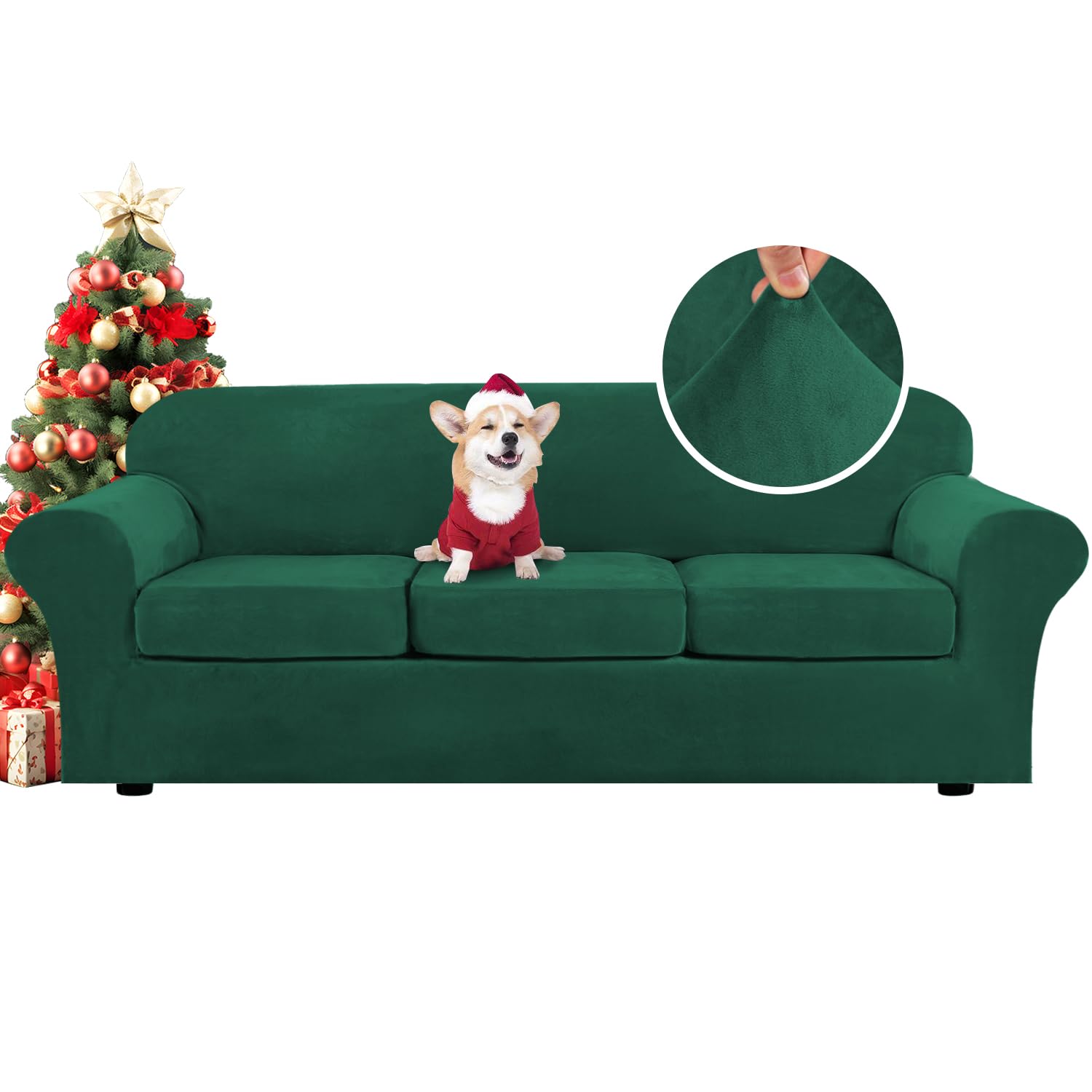 Photo 1 of H.VERSAILTEX Modern Velvet Plush 4 Piece High Stretch Sofa Slipcover Furniture Protector Form Fit Velvet Extra Large Sofa Cover for 3 Cushion Couch Width Up to 105 Inch(XL Sofa, Vintage Green)