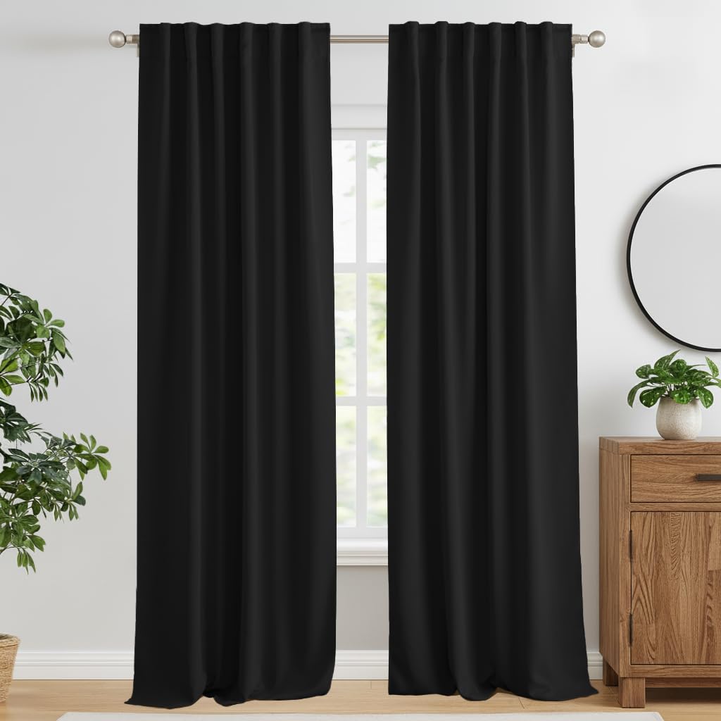 RYB HOME Blackout Curtains for Living Room, Privacy Thermal Insulating Window Treatment Drapes for Bedroom Dining Home Office Basement, W 52 x L 95 inches, Black, 2 Panels Image