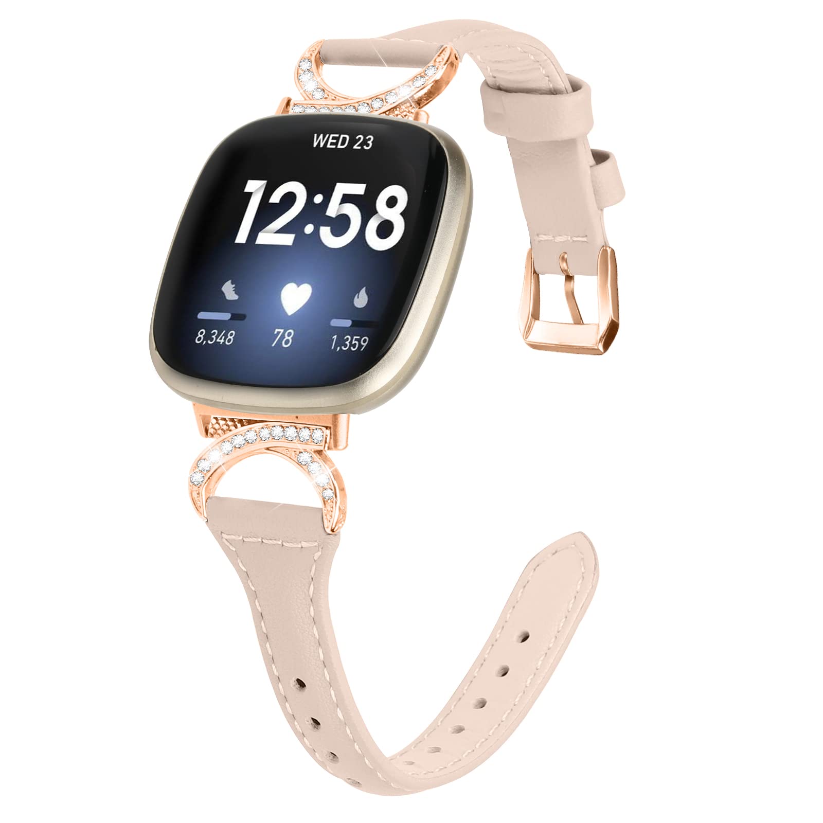 Gimuk Leather Strap Compatible with Fitbit Versa 4/Sense 2, Women's Genuine Leather Sport Band Metal Bling Rhinestone Replacement Wristband for Fitbit Versa 3/Sense (Apricot/Rose Gold)