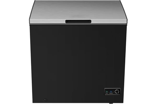 Chest Deep Freezer, 7 Cu. Ft, Black Adjustable Thermostat-Removable Vinyl Coated Wire Basket-Easy Defrost Drain, Eye-Catching Stainless Steel Top Door- Garage Ready