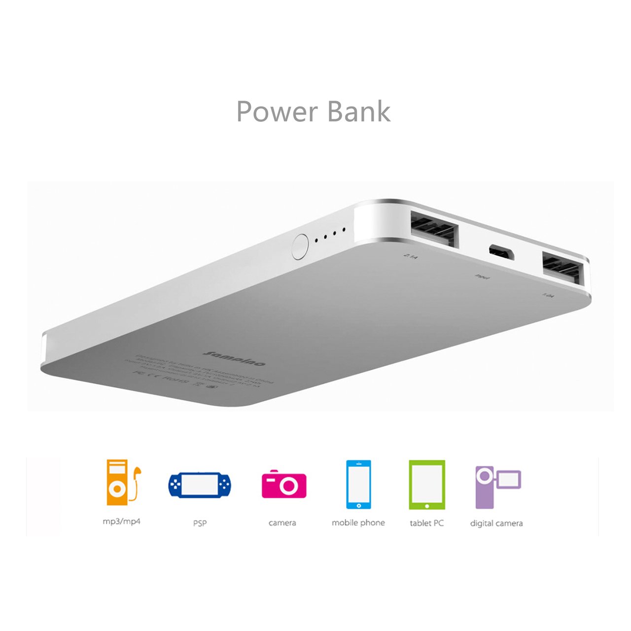 Sampino 10000 mAh External Phone Charger for iPhone or Android Pokeman,1.0/2.1A Output External Battery Power Bank Dual USB Ports for iPhone iPad Samsung Blackberry Microsoft HTC Portble DVD (Silver)