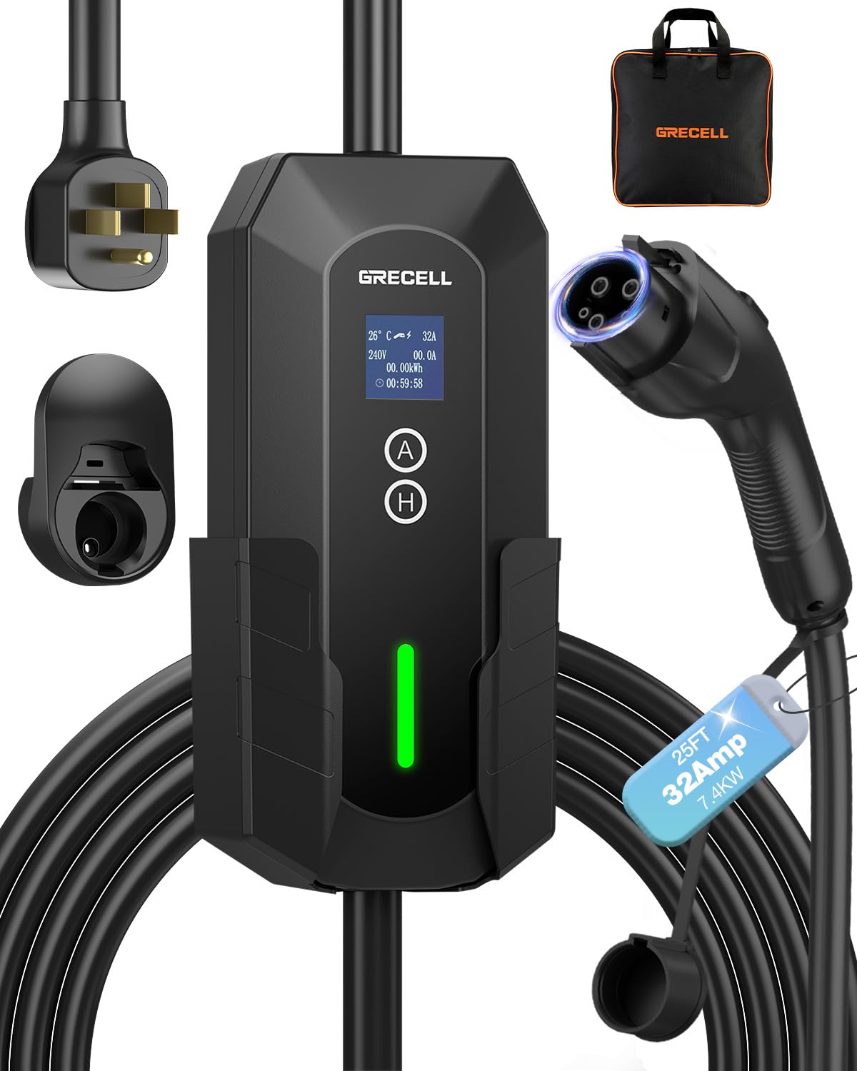 Photo 1 of GRECELL Level 2 EV Charger, 32A/7.4KW Electric Vehicle Portable Charger with 25FT Cable, ETL Certified Level 2 Car Charger for All SAE J1772, 240V NEMA 14-50 Adjustable Current for Home & Travel