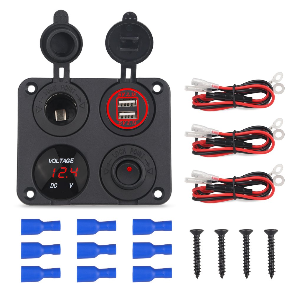 WATERWICH 2 3 4 Hole Marine Illuminated Toggle Rocker Switch Panel Waterproof Ignition Rocker Switch 12V-24V Volt Meter for RV Car Boat Trailer Vehicles Truck Yacht SUV (Two Hole Green)