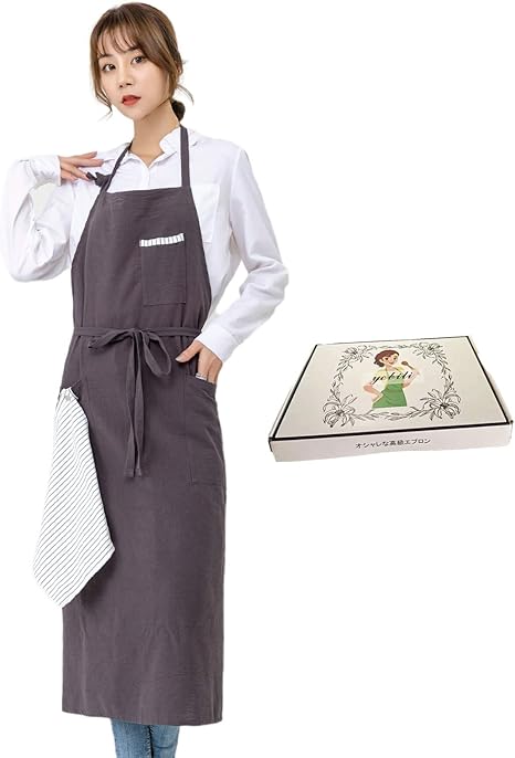 Amazon エプロン 女性用 おしゃれ 人気 メンズ 男女兼用 エプロン 無地 かわいい 家庭用 料理用 カフェエプロン ロング リネンポケット付き ハンドタオル付き ソムリエエプロン 可愛いエプロン 北欧 麻 首掛け H型apron グレー エプロン オンライン通販