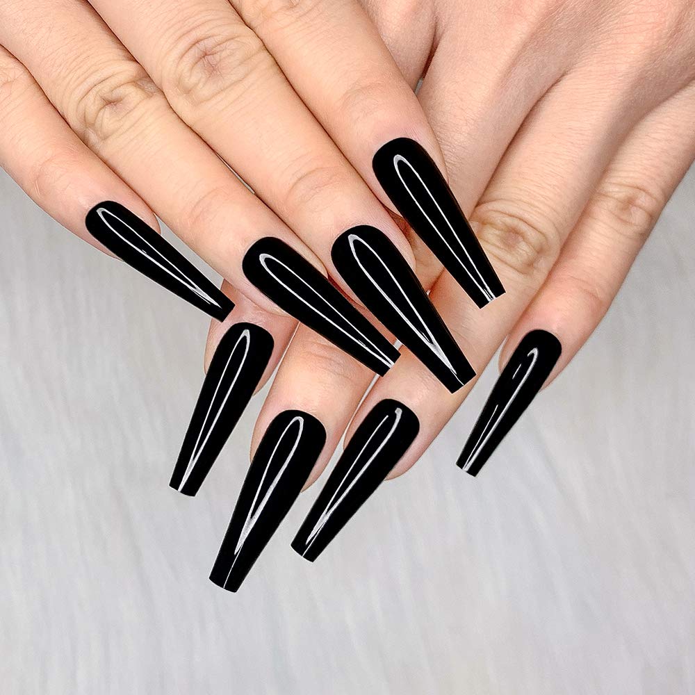 Artquee 24pcs Black Pure Color Ballerina Long Coffin Glossy Fake Nails Press on Nail False Tips Manicure for Women