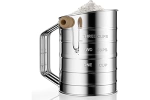 4-Cup Stainless Steel Flour Sifter - Fine Mesh Rotary Hand Crank with Agitator Loop - Quick Sifting for Cakes, Pastries, Cupc