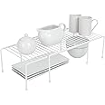 Smart Design Kitchen Storage Expandable Shelf Rack w/ Scratch Resistant Feet - Steel - Rust Resistant Finish - for Cups, Dishes, Cabinet & Pantry Organization - Kitchen (16 x 32.5) [White]